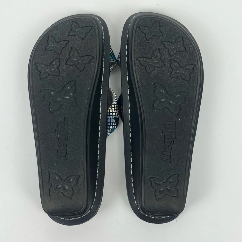 Alegria Violet Multi-Floral Snake Skin print slide on sandals, 38 = US 8/8.5.